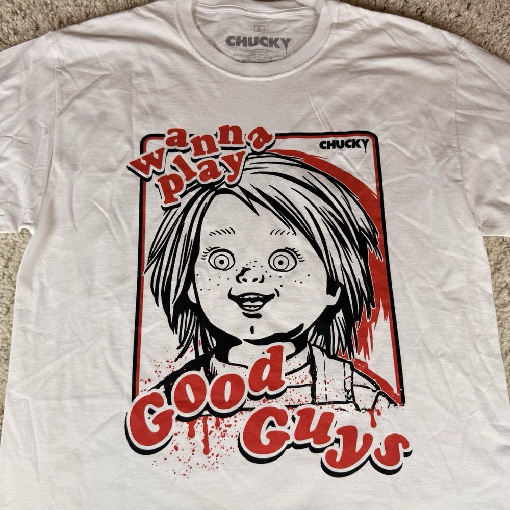 NWOT Chucky Wanna Play? Tshirt‎ Size Large White Long Sleeve Horror Halloween
